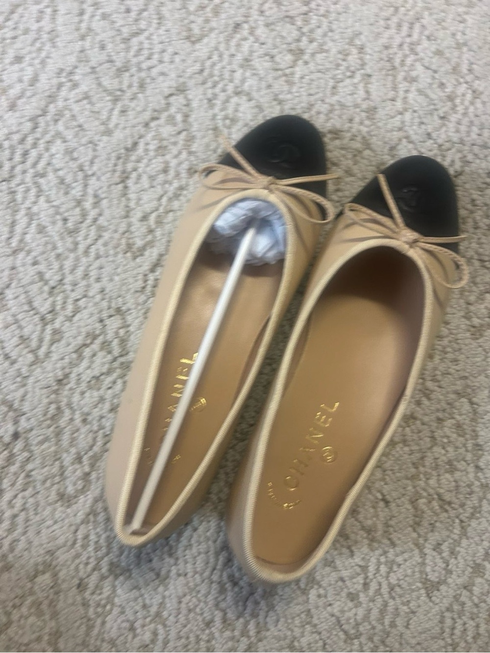 CHANEL Beige Leather Ballet Flats with Black Cap Toe